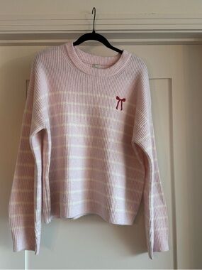 a new day Pink and Cream Striped Crewneck Sweater with Red Bow